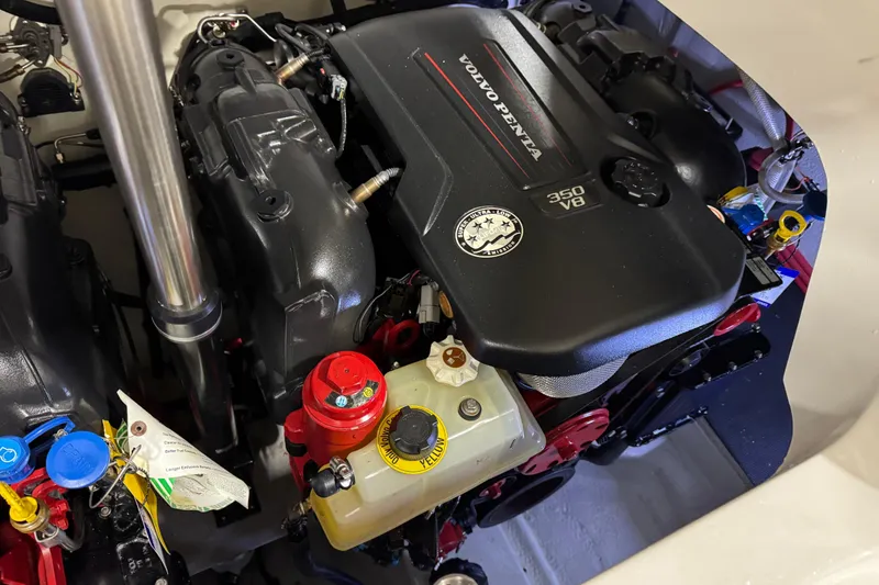 Slide: The Image of Volvo Penta 350 V8 engine in a 2018 Cobalt boat, detailed view. - 19
