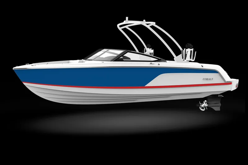 Slide: The Image of 2025 Cobalt CS23 Surf boat, blue and white design, black background. - 6