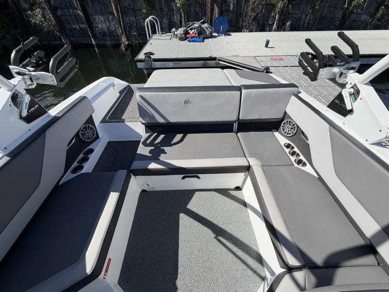 Slide: The Image of Interior of 2025 Cobalt CS23 Surf with gray upholstery. - 11