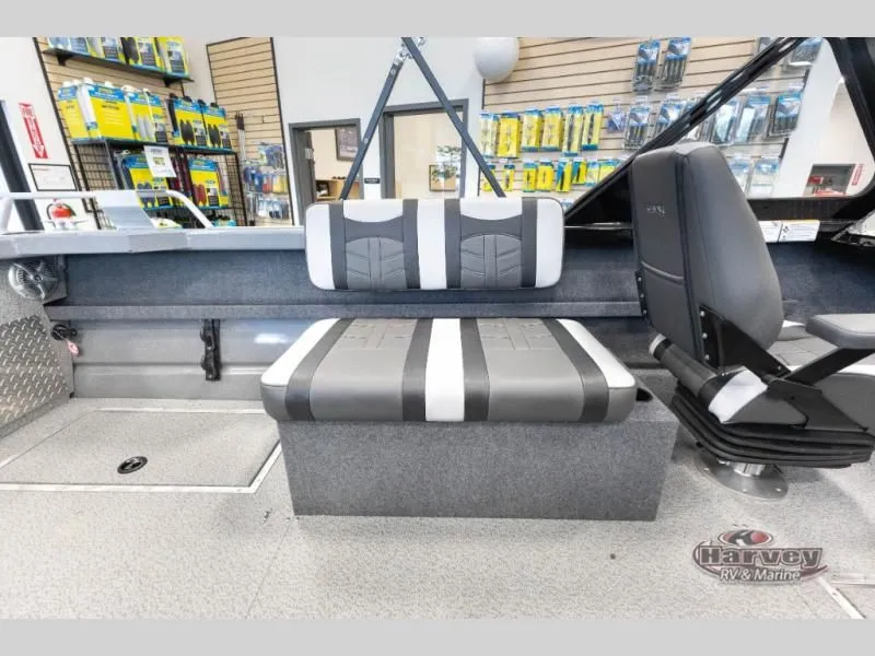 Slide: The Image of Interior of a 2026 Heavy Gauge 185 boat with gray seating. - 16