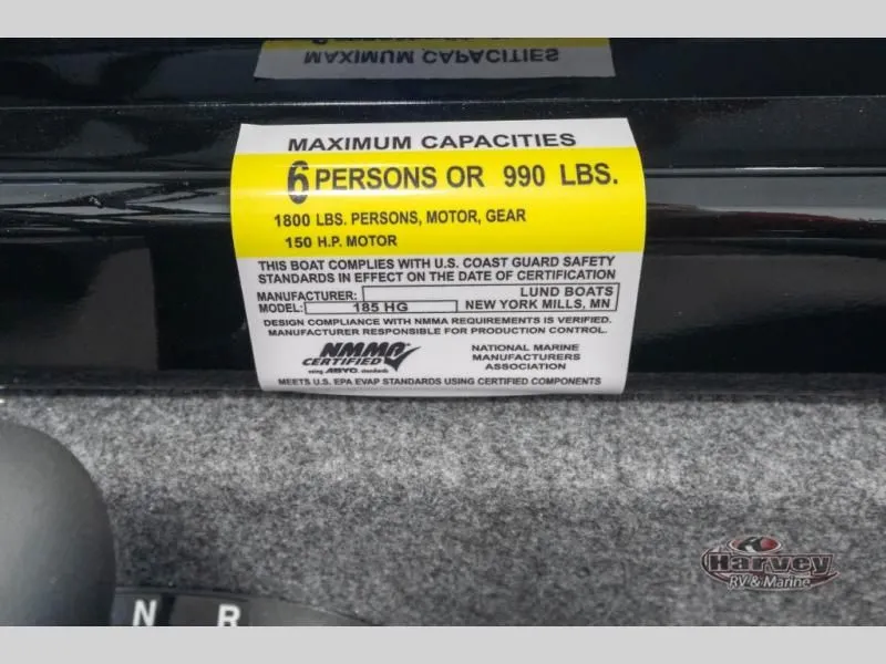 Slide: The Image of Boat label showing capacity: 6 persons or 990 lbs, model 185, year 2026. - 27