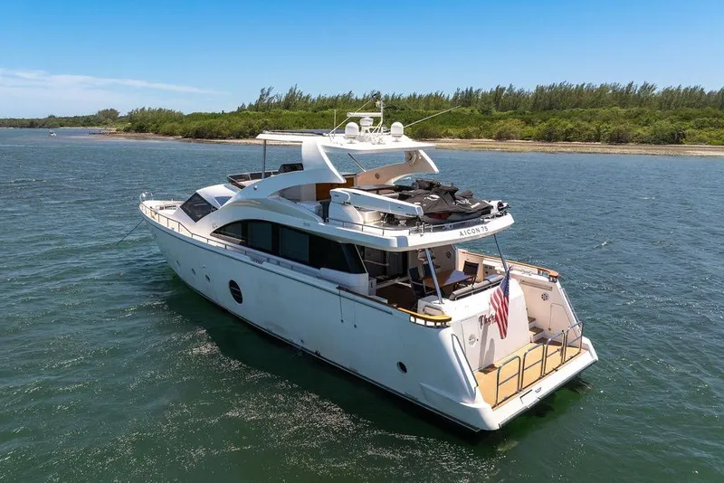 Slide: The Image of Luxury 2008 Aicon 75 yacht cruising on serene waters near lush shoreline. - 7