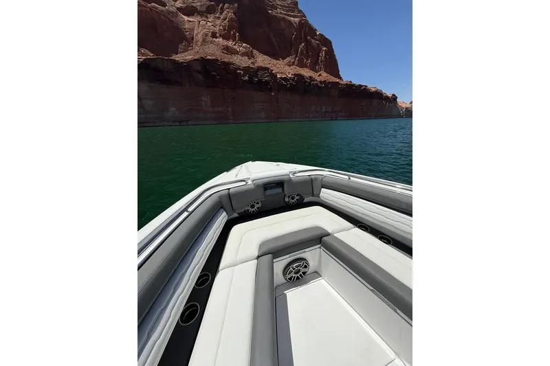 Slide: The Image of 2024 Cigarette 42' Auroris boat interior with scenic canyon view. - 45