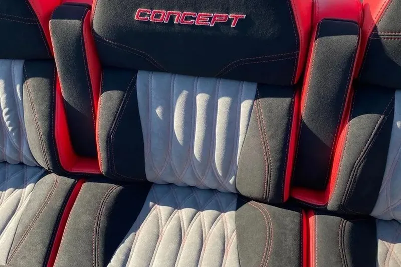 Slide: The Image of Luxurious seating of 2021 Concept 44' Open Deck with red and gray upholstery. - 3