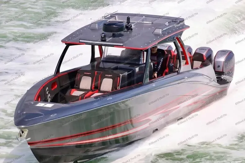 Slide: The Image of 2021 Concept 44' Open Deck boat cruising on water, featuring sleek design and powerful engines. - 34