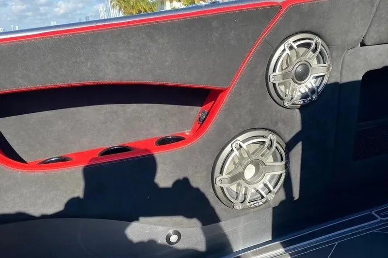 Slide: The Image of Interior of 2021 Concept 44' Open Deck with speakers and red accents. - 37