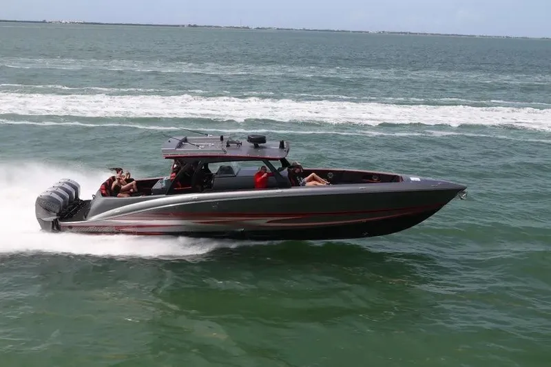 Slide: The Image of 2021 Concept 44' Open Deck boat speeding on ocean waters. - 42