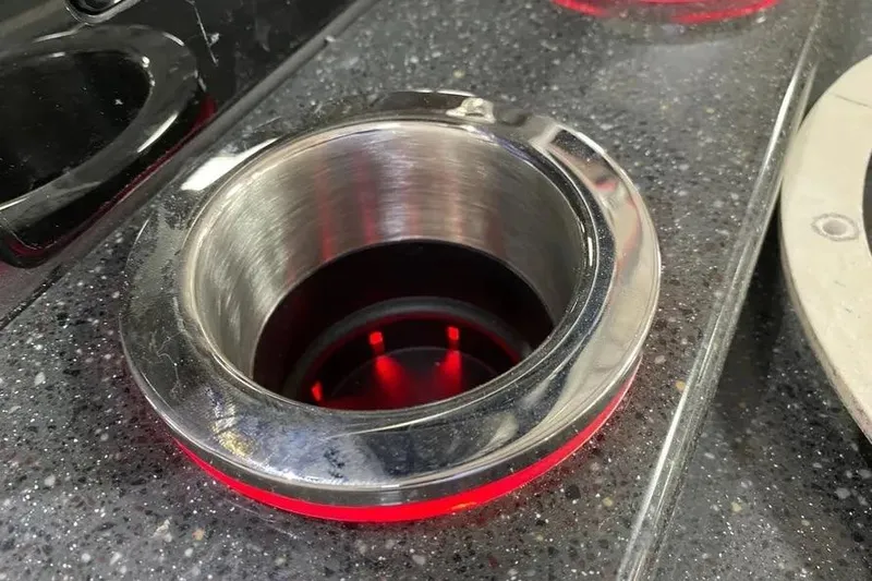 Slide: The Image of Stainless steel cup holder with red LED lighting on a Concept 44' Open Deck, 2021 model. - 6