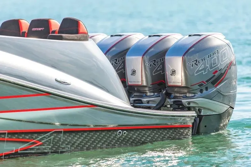 Slide: The Image of 2021 Concept 44' Open Deck boat with four powerful Racing 400 engines on water. - 61