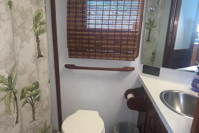 Slide: The Image of 1986 Pilgrim 40 bathroom with palm-themed decor, featuring a toilet, sink, and bamboo blinds. - 26