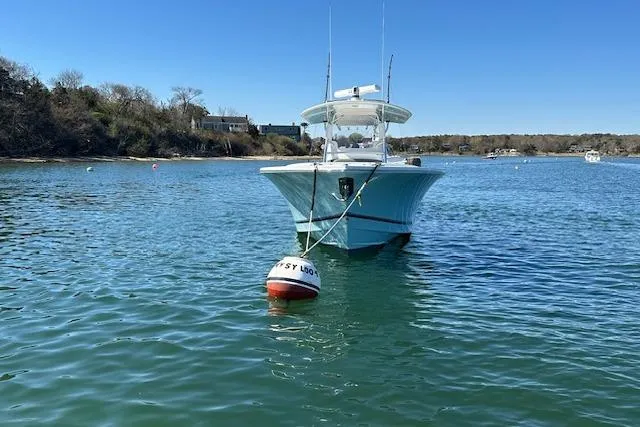 Slide: The Image of 2015 Regulator 34 boat anchored in calm waters with clear blue sky. - 12