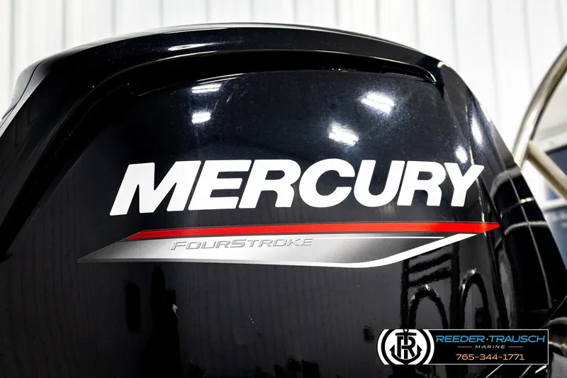 Slide: The Image of Mercury FourStroke engine on 2022 Godfrey Sweetwater 2286, Reeder-Trausch Marine branding visible. - 44