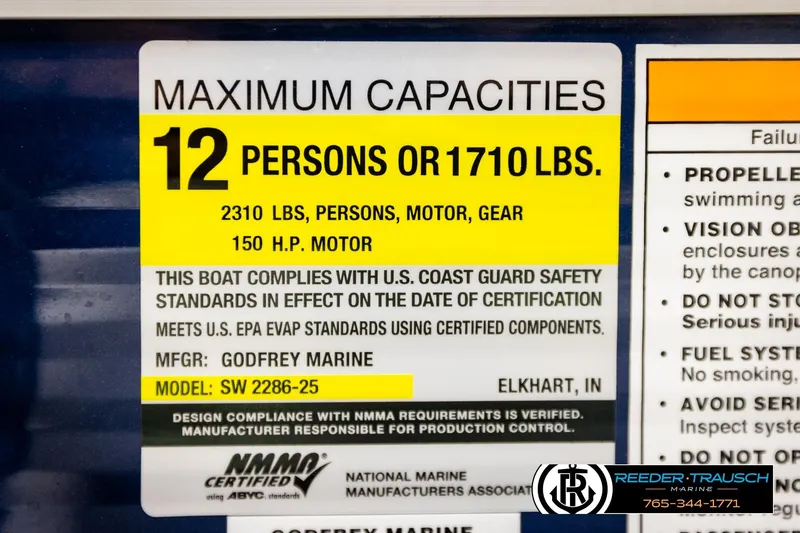 Slide: The Image of Capacity label for 2022 Godfrey Sweetwater 2286, 12 persons or 1710 lbs, 150 HP motor. - 54