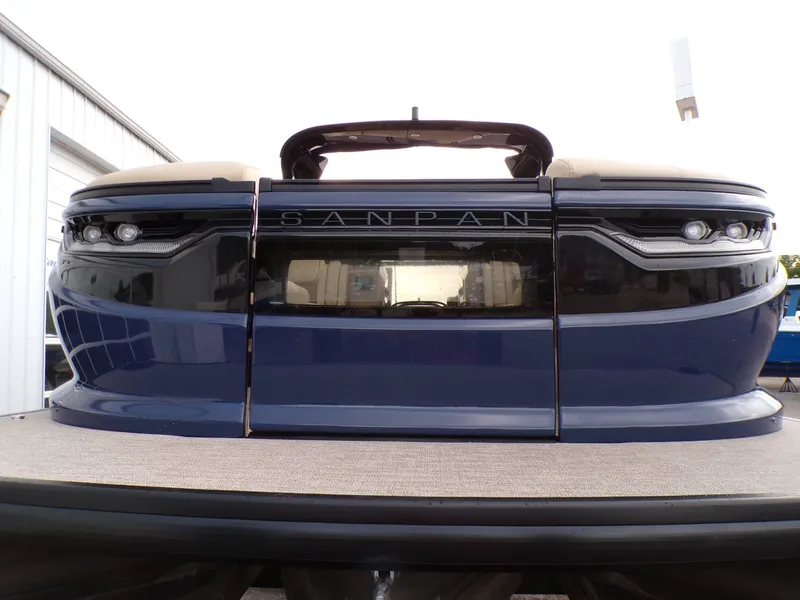 Slide: The Image of Rear view of 2026 Godfrey SanPan ULW boat, blue design. - 29