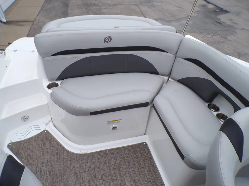 Slide: The Image of Interior of a 2018 Hurricane 2400 SD boat with gray upholstery. - 15