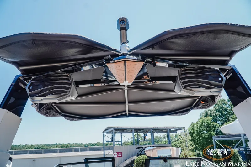 Slide: The Image of 2024 Nautique Super Air Nautique G25 Paragon boat speakers and canopy detail. - 17
