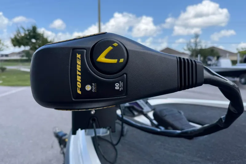 Slide: The Image of Close-up of a Fortrex trolling motor on a 2007 Triton TR-196 boat. - 7