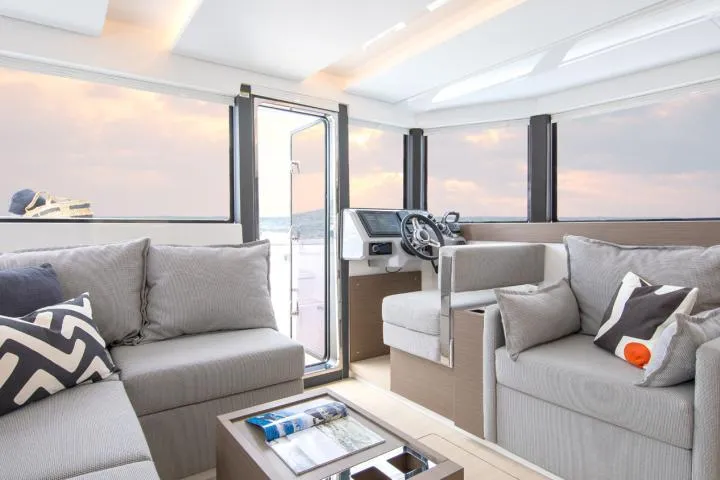 Slide: The Image of Manufacturer Provided Image: Luxurious interior of 2025 Leopard 40 Powercat yacht with modern seating and panoramic windows. - 15