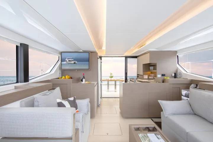 Slide: The Image of Manufacturer Provided Image: Luxurious interior of 2025 Leopard 40 Powercat yacht with modern furnishings and ocean view. - 16