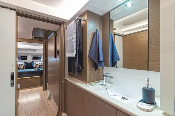 Slide: The Image of Manufacturer Provided Image: Modern bathroom interior on 2025 Leopard 40 Powercat yacht, featuring sleek design and elegant fixtures. - 19