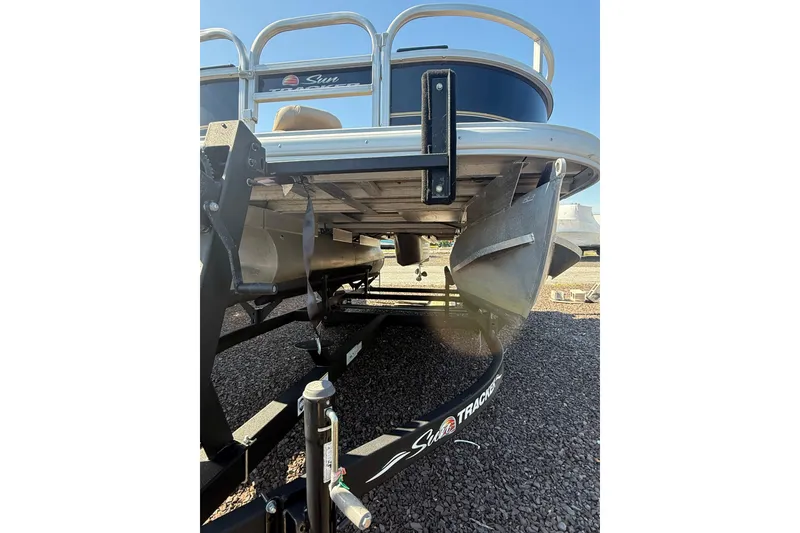 Slide: The Image of 2021 Sun Tracker Bass Buggy 16 XL Select pontoon boat on trailer, rear view. - 8