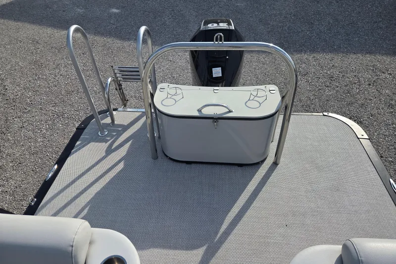 Slide: The Image of 2021 Avalon 2585 Catalina QL boat deck with ladder and outboard motor. - 9