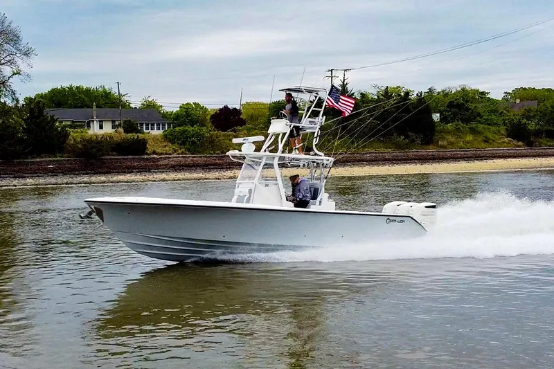 The Image of 2020 Sea-Lion 34 TE boat cruising on water near shoreline with American flag. - 0