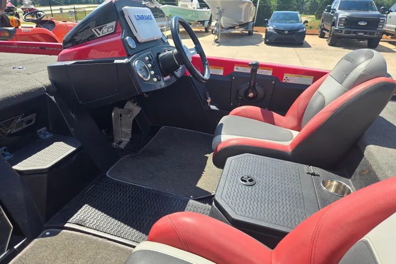 Slide: The Image of Interior of 2012 Stratos 189 VLO boat with red and gray seating. - 14