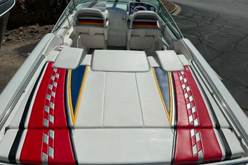 Slide: The Image of 2007 Formula 353 FASTech boat interior with colorful upholstery and sleek design. - 7