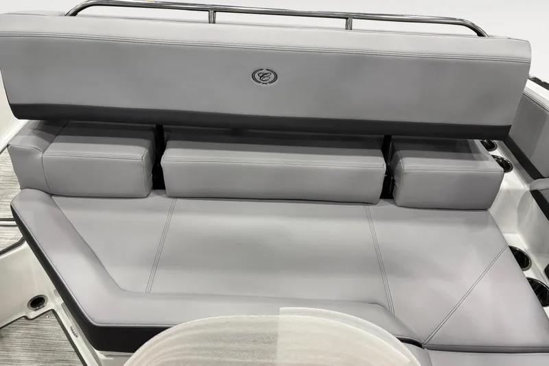 Slide: The Image of 2026 Cobalt R4 boat interior with sleek gray seating and modern design. - 14