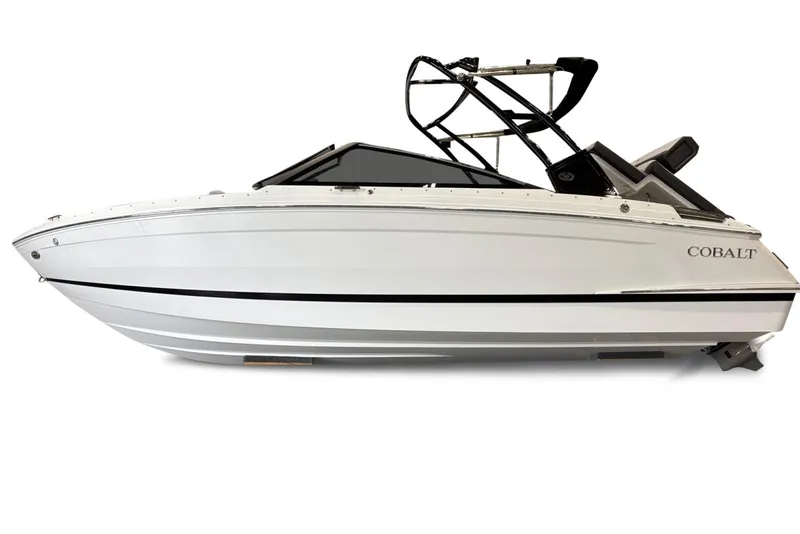 Slide: The Image of 2026 Cobalt R4 boat, sleek white design with modern features and stylish black accents. - 2