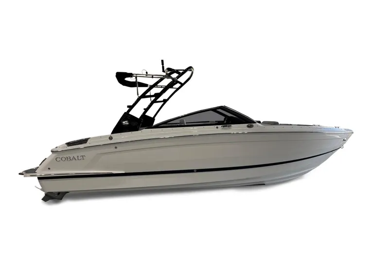Slide: The Image of 2026 Cobalt R4 boat, sleek design, side view, white hull, black accents. - 6
