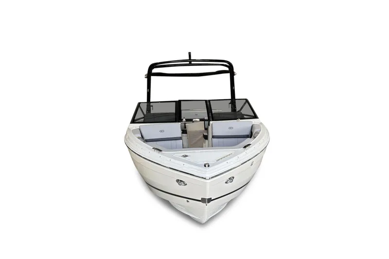 Slide: The Image of 2026 Cobalt R4 boat, front view, sleek design with black windshield and white seating. - 8