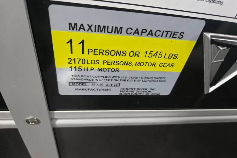 Slide: The Image of Maximum capacity label on 2025 Trifecta 20RF LE boat, 11 persons or 1545 lbs. - 6