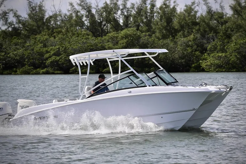 Slide: The Image of Manufacturer Provided Image: 2020 Twin Vee 240 DC GF boat cruising on a lake with lush greenery in the background. - 2