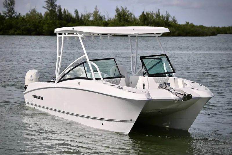 Slide: The Image of Manufacturer Provided Image: 2020 Twin Vee 240 DC GF boat on calm water with lush greenery in the background. - 30