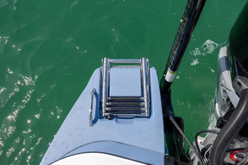 Slide: The Image of 2026 Caymas 281 HB boat ladder on blue deck, surrounded by green water. - 32