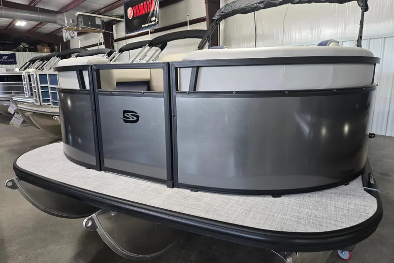 Slide: The Image of 2026 Dockside 22DQ275 pontoon boat in showroom, featuring sleek design and modern finishes. - 3
