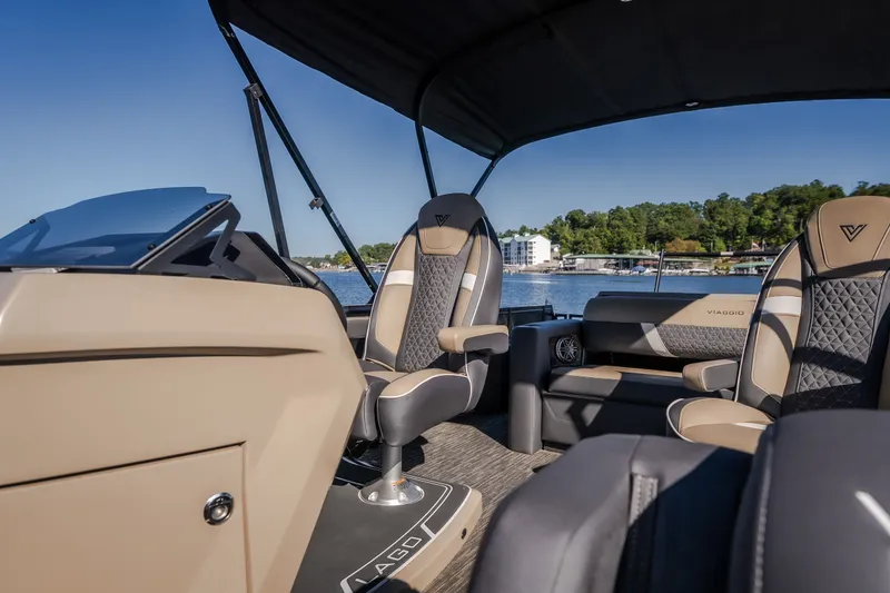Slide: The Image of Interior of 2026 Viaggio Z24S boat with luxurious seating and scenic lake view. - 29