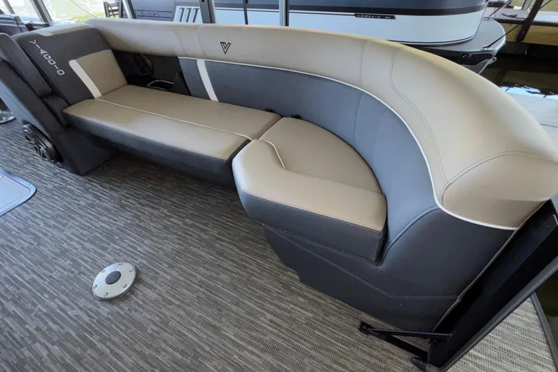Slide: The Image of Luxurious seating on the 2026 Viaggio Z24U boat, featuring sleek gray and beige upholstery. - 12