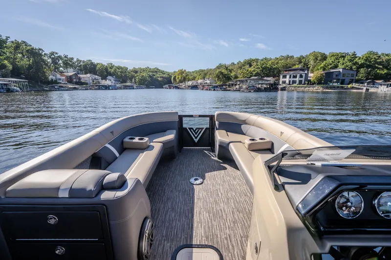 Slide: The Image of Luxurious 2026 Viaggio Z24S pontoon boat interior on a scenic lake. - 20