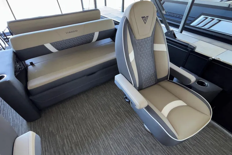 Slide: The Image of Luxurious interior seating of 2026 Viaggio Z24U boat, featuring elegant design and comfort. - 24