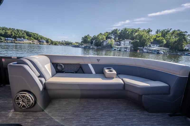 Slide: The Image of Luxurious seating on 2026 Viaggio Z24S boat, featuring sleek design and scenic lake view. - 26