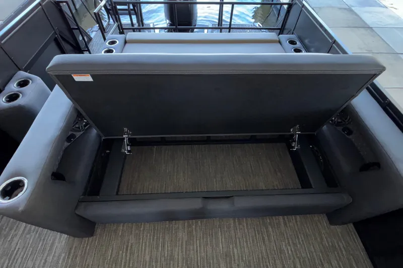 Slide: The Image of Open storage compartment on Viaggio Z24U boat, 2026 model, with cup holders and seating. - 35