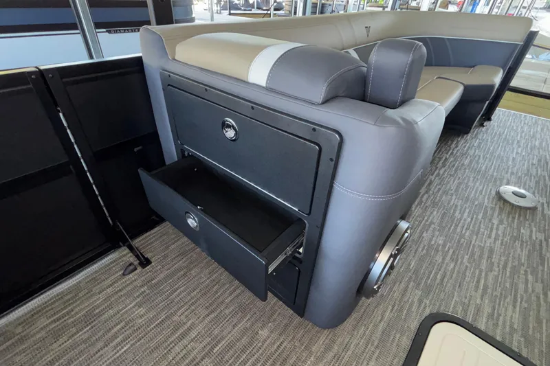 Slide: The Image of Luxurious Viaggio Z24U 2026 boat interior with sleek seating and storage compartments. - 39