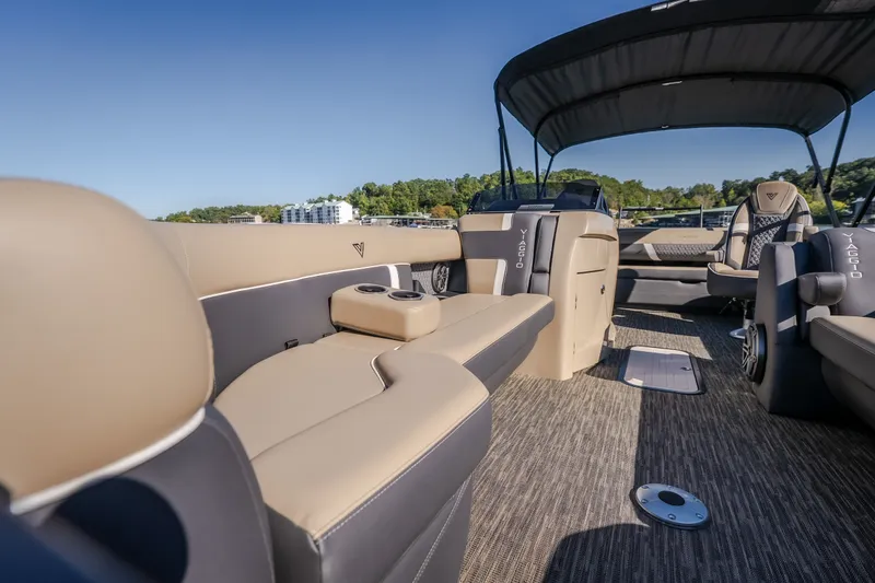 Slide: The Image of Luxurious 2026 Viaggio Z24S pontoon boat interior with plush seating and modern design. - 32