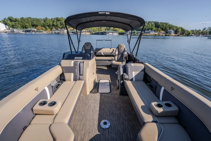 Slide: The Image of Luxurious 2026 Viaggio Z24S pontoon boat interior on a serene lake. - 33