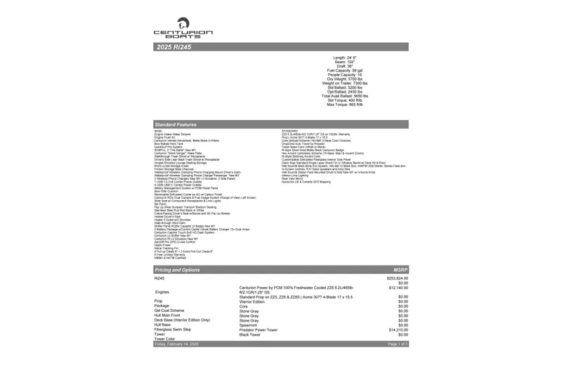 Slide: The Image of Centurion Ri245 2025 specifications and pricing details sheet. - 58