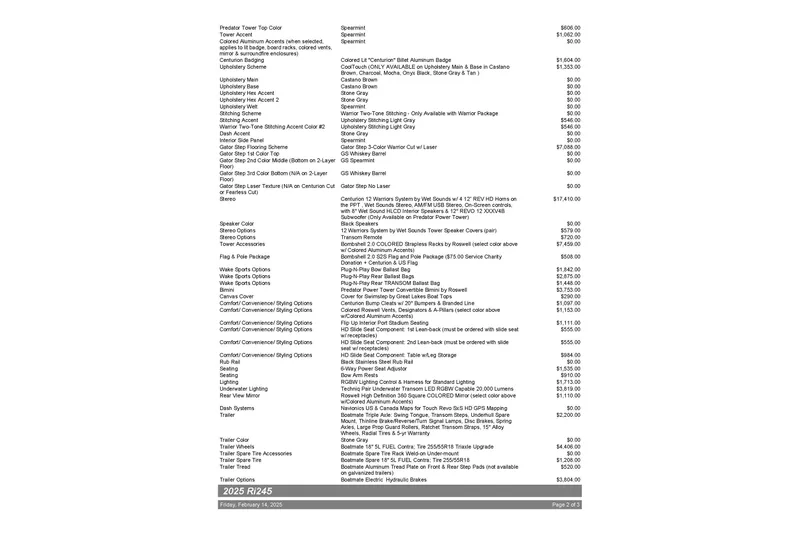 Slide: The Image of 2025 Centurion Ri245 options and pricing list, featuring upholstery, stereo, and trailer details. - 59