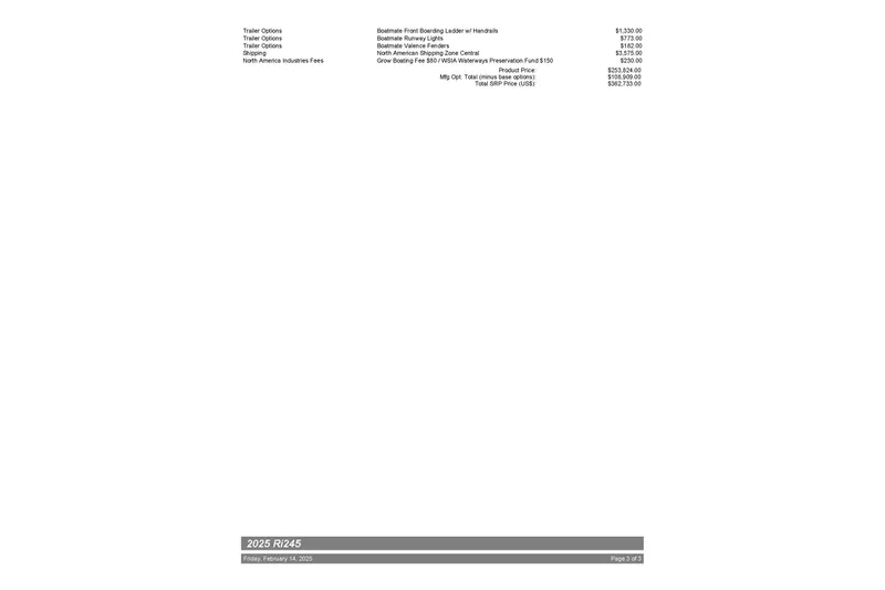 Slide: The Image of Pricing details for 2025 Centurion Ri245 boat with trailer options. - 60